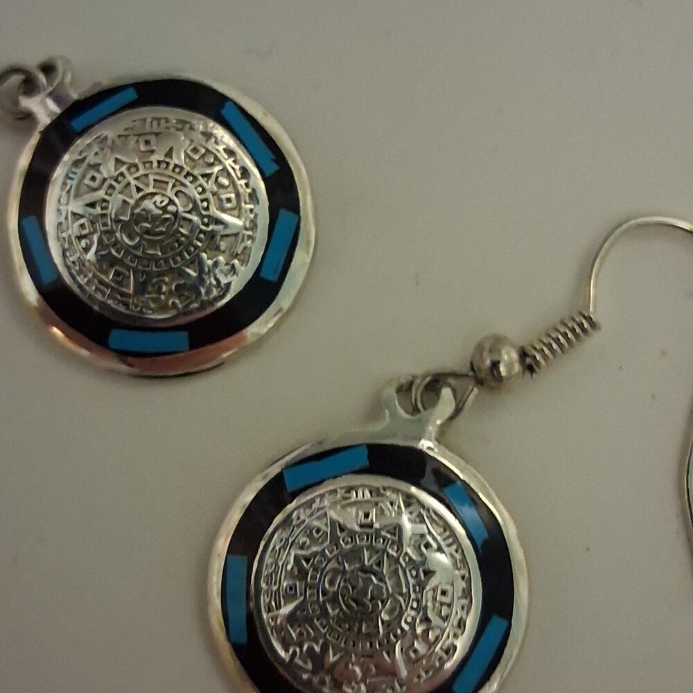 Vintage aztec calendar silver earrings mexico 925 - Picture 2 of 3